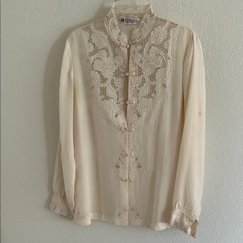 Elegant Cream Embroidered vintage 100% silk Women's Top